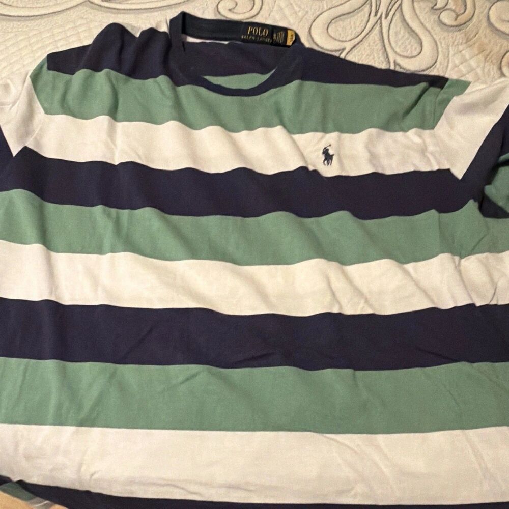 Polo Ralph Lauren Men's XL Green White Blue Striped Logo T-Shirt Crew Neck SS